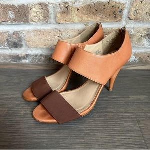 J. Crew Orange/Tan Leather Heals w/ Brown Grosgrain Ribbon Strap & Zipper Detail